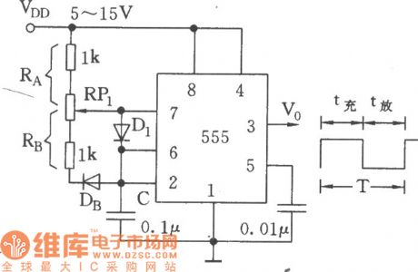 The duty cycle adjustable square wave generator circuit composed of 555