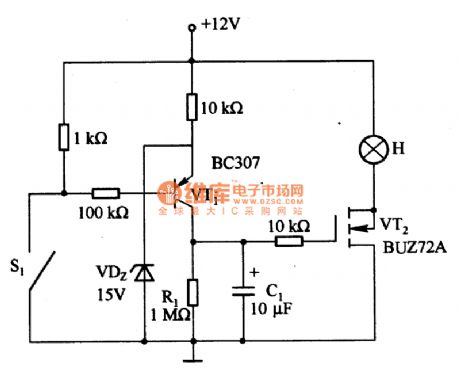 Long time delay circuit formed by the power MOSFET