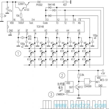 MCS-51 microcontroller circuit remote controlled by TC9148
