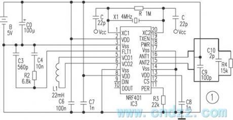 High reliability remote control circuit composed of the monolithic wireless transceiver integrated chip NRF401