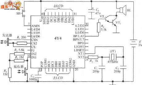 Monolithic liquid crystal display range finder circuit composed of the intelligent ultrasonic ranging integrated circuit 4Y4