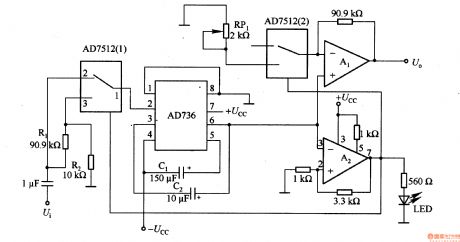 RMS / DC converter circuit composed of  AD736