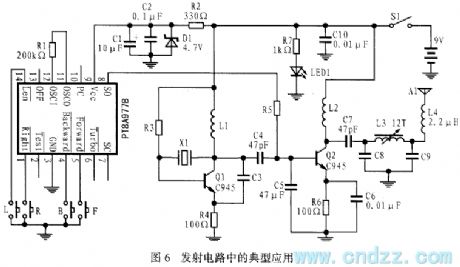 The application circuit of 5-function remote control PT8A977/978