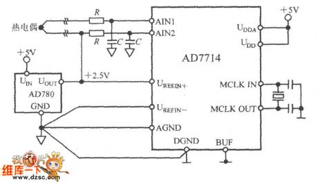Temperature measurement circuit composed of the AD7714 and the thermocouple