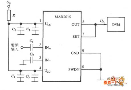 RF signal receiving strength indicator circuit composed of the MAX2015