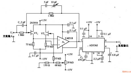 AC RMS / DC converter circuit composed of AD536J