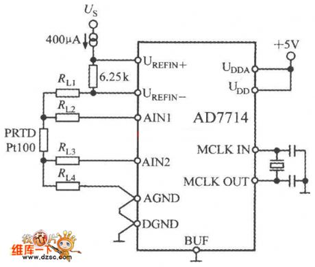 Temperature measurement circuit composed of the AD7714 and Pt100