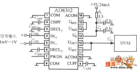 RMS level measuring instrument circuit composed of the AD8362