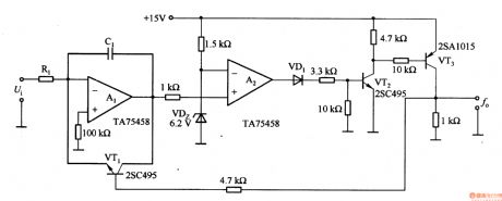 Voltage / frequency conversion circuit composed of two op amps