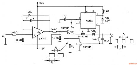 Voltage / frequency conversion circuit composed of NE555