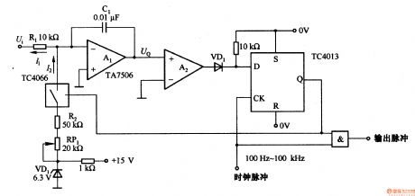Voltage / pulse train conversion circuit composed of TC4013