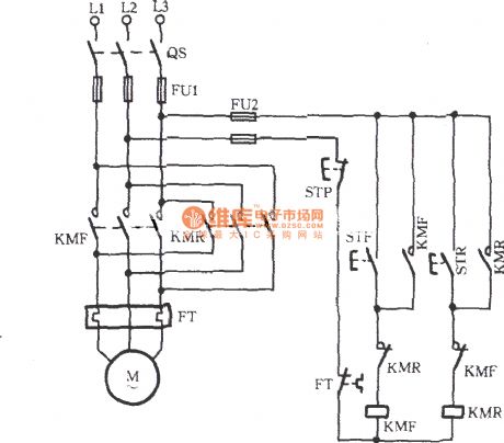 Three-phase motor contactor auxiliary contact interlock switching circuit