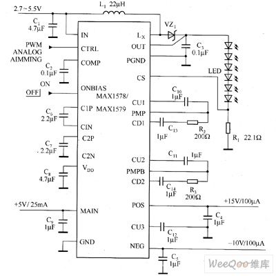 MAX1578／MAX1579 white LED driver circuit diagram