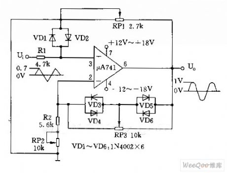 The simple triangular wave switching sine wave circuit