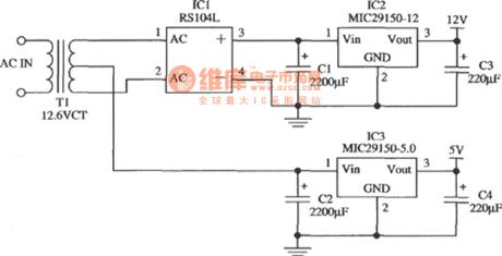 Low-cost Dual Output Regulator Circuit Composed Of MIC29152-12 And MIC29150-5.0