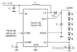 MAX1561／MAX1599 white LED driver circuit diagram