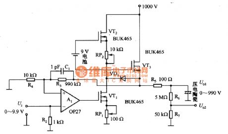 High-voltage amplifier circuit diagram for piezoelectric ceramic element