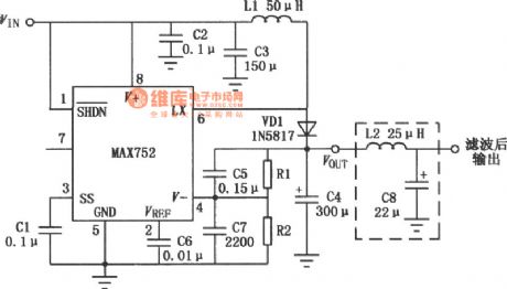 The classic applying circuit of MAX752 setting up switch DC-DC convertor