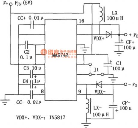 The classic applying circuit of MAX743 setting up switch DC-DC convertor