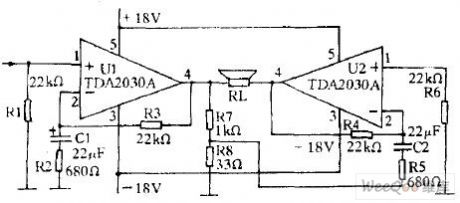 The BTL power amplifier circuit made of TDA2030A