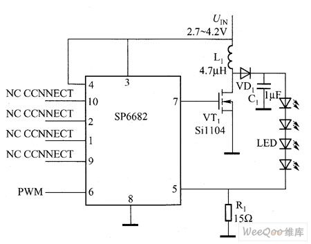 The LED circuit driven by the regulated electric charge pump