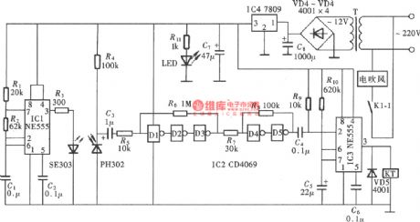 Infrared control automatic hand dryer (NE555, CD4069)