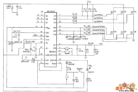 Three-phase permanent magnet brushless DC motor MC33035 control system circuit diagram