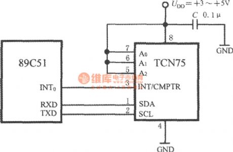 The connector circuit with 2 lines of SI intelligent temperature sensor TCN75 and 89C51