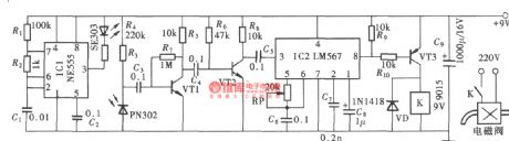 Infrared control automatic faucet composed of the NE555 and LM567