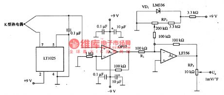 Temperature measurement circuit composed of the K-type thermocouple