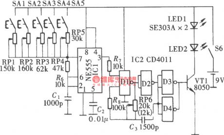 Five-channel audio equipment infrared remote controller (CX20106，NE555, CD4011, CD4017B)