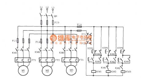 Three electromotors sequence-start reversed order stop circuit