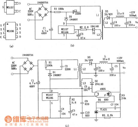 The small power mini switch regulated power supply circuit formed by WS157 and WS106