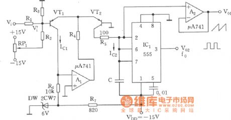 Exponential voltage-controlled oscillator (555) circuit