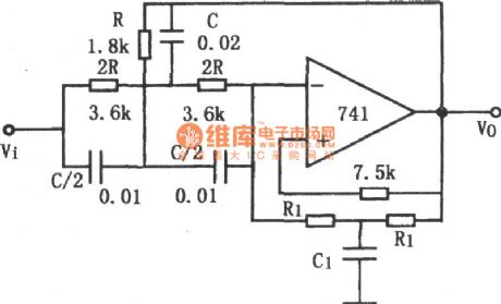 The Circuit Diagram of Q-adjustable Band-stop Filter (741)
