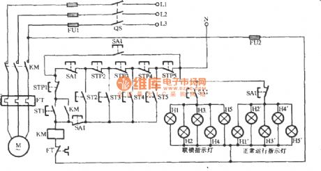 Electromotor indicator light circuit controlled by five switches