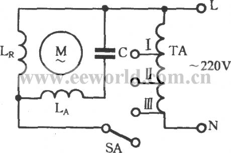 Single-phase motor auto main and auxiliary winding voltage reducing and speed regulating circuit