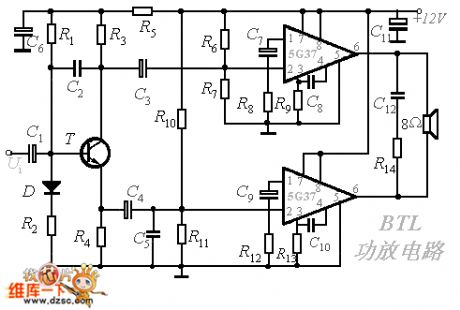 BTL integrated power amplifier circuit diagram