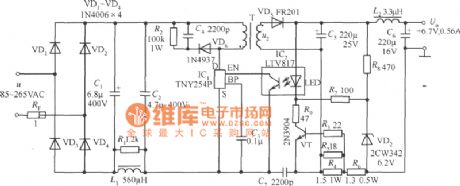 +6.7 V, 0.56A Constant current cell phone battery charger circuit composed of TNY254P