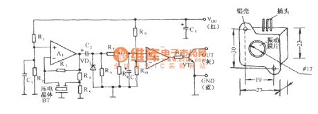 The piezoelectric type high material level automatic control and alarm circuit