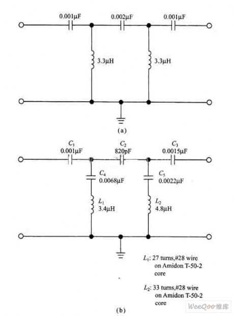 Diagram of two filter circuits used for AM broadcast interference