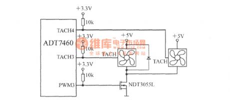 Using the PWM3 terminal of the intelligent remote hot fan controller ADT7460 to drive two three-wire fan