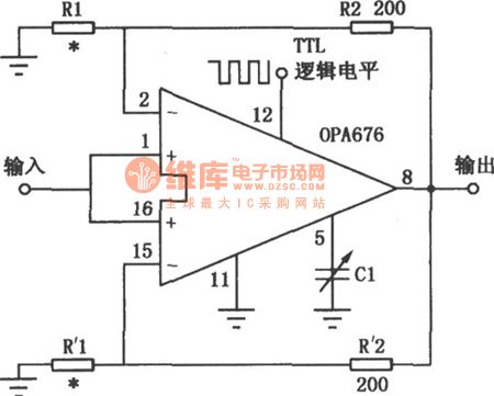 Circuit of gain programmable amplifier composed of OPA676