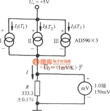 Average temperature measurement circuit composed of AD590(accurate integrated temperature sensor with current output)