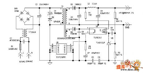 Switching 5V, 4W regulated DC power supply circuit diagram