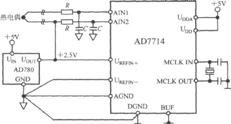 Temperature measurement circuit with 5-channel low-power programmable sensor signal processor AD7714 and thermocouple