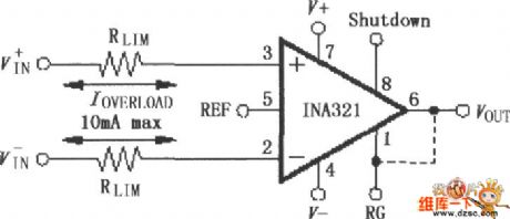 Input current protection circuit diagram using INA321/322