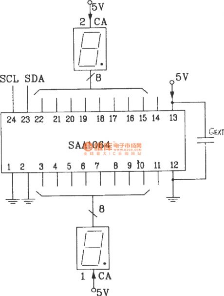 The static driver interface circuit of SAA1064 serial I2C bus LED display driver integrated circuit