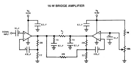 16-W bridge amplifier circuits