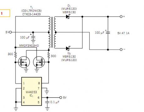 Push-pull driver provides isolated 5V at 1A
